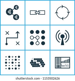 Learning icons set with computational complexity, control panel, gear algorithm and other variable architecture  elements. Isolated vector illustration learning icons.