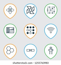 Learning icons set with computational complexity, data cells, computer brain and other atomic cpu elements. Isolated vector illustration learning icons.