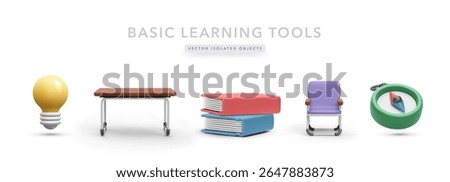 Learning Icons Set Featuring Desk, Chair, Books, Lightbulb, And Compass In Clean 3D Cartoon Style. Great For School, Education, And Classroom Themes. Vector Illustration.