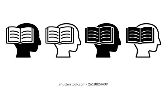 Learning Icons Set Open Book on Heads, Knowledge Concept Black and White Color Vector Design Illustration