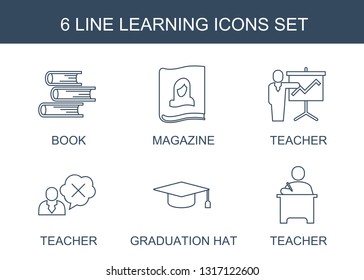 learning icons. Trendy 6 learning icons. Contain icons such as book, magazine, teacher, graduation hat. learning icon for web and mobile.