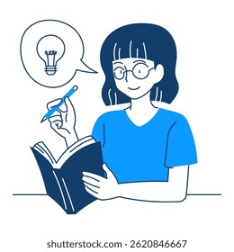 Learning and Idea Generation Illustration, Girl Writing in Notebook with Lightbulb Symbol