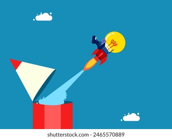 Learning and imagination. Businesswoman drives a rocket light bulb out of pencil 