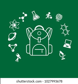 Modelo de Infográfico de Aprendizagem. Educação conceitual. Mochila ícone rodeado por ícones de educação.