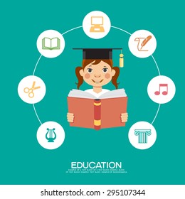 Learning infographic Template. Concept  education. Child with a book surrounded by icons of education.