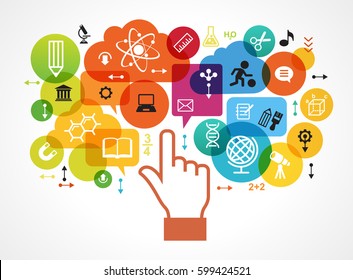 Learning infographic Template. Concept  education. Hand cursor icon surrounded by icons of education.