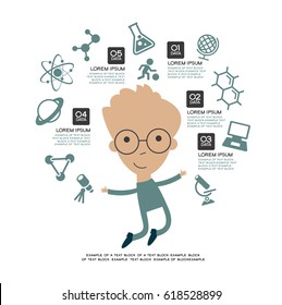 Learning infographic Template. Concept  education. Child surrounded by icons of education.