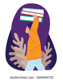 Aprender informações de livros, estudantes carregando publicações pesadas. Educação e obtenção de conhecimento, livraria com volumes e folhagem decorativa. Aluna com livros didáticos, vetor em estilo plano