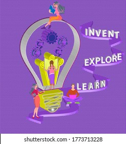 Learning and innovation concept with 3d themed light bulb. Individuals reading and researching to innovate. 