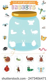 Learning insects and bugs. Cut and glue educational children game. Matching shadow game worksheet for kids. 