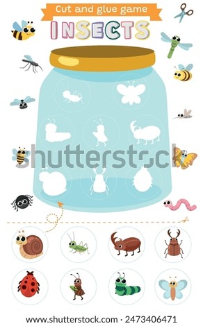 Learning insects and bugs. Cut and glue educational children game. Matching shadow game worksheet for kids. 