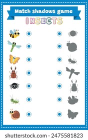 Learning insects and bugs. Educational children game. Matching game worksheet for kids. Match shadows.