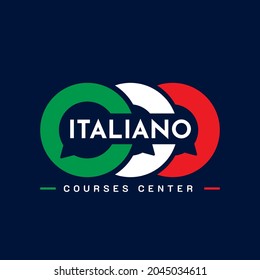 Learning Italian Language Class Logo. Language Exchange Program, Forum, Speech Bubble, And International Communication Sign. With Italy Flag