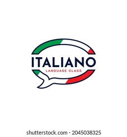 Learning Italian Language Class Logo. Language Exchange Program, Forum, Speech Bubble, And International Communication Sign. With Italy Flag