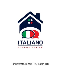 Learning Italian Language Class Logo. Language Exchange Program, Forum, Speech Bubble, And International Communication Sign. With Italy Flag