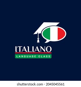 Learning Italian Language Class Logo. Language Exchange Program, Forum, Speech Bubble, And International Communication Sign. With Italy Flag