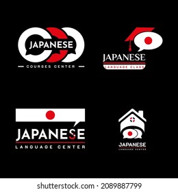 Learning Japanese Language Class Logo. Language Exchange Program, Forum, And International Communication Sign. With Japan Flag, House, And Chat Bubble Icon. Premium And Luxury Illustration Vector