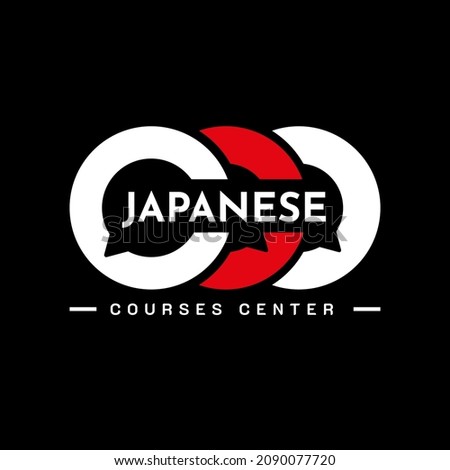 Learning Japanese Language Class Logo. language exchange program, forum, and international communication sign. With Japan Flag, house, and chat bubble icon. Premium and luxury illustration vector