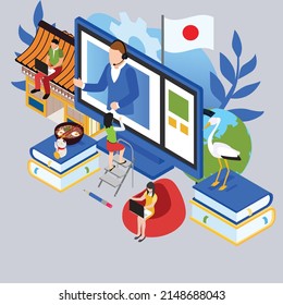 Learning Japanese online isometric 3d vector illustration concept - Japanese language teacher teaching on monitor while students works on laptop