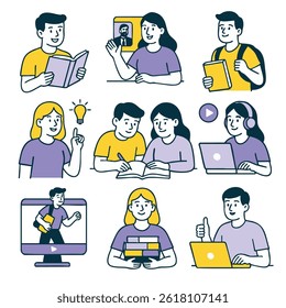El aprendizaje es un viaje lleno de exploración y colaboración, como se muestra en esta vibrante ilustración que muestra varias actividades educativas