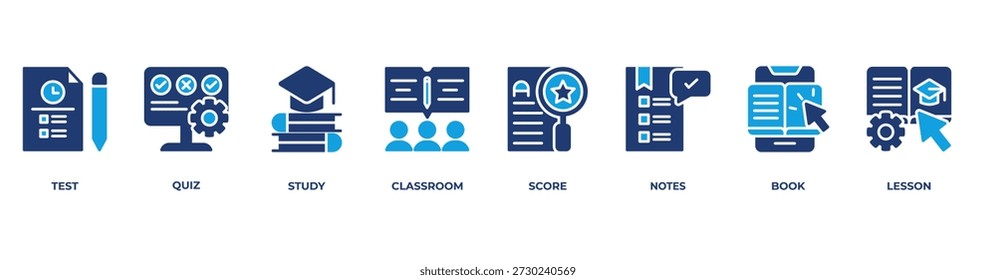 Lernen Reise Icons setzen Vektorgrafik blau mit Test, Quiz, Studie, Klassenzimmer, Punktzahl, Notizen, Buch, Lektion
