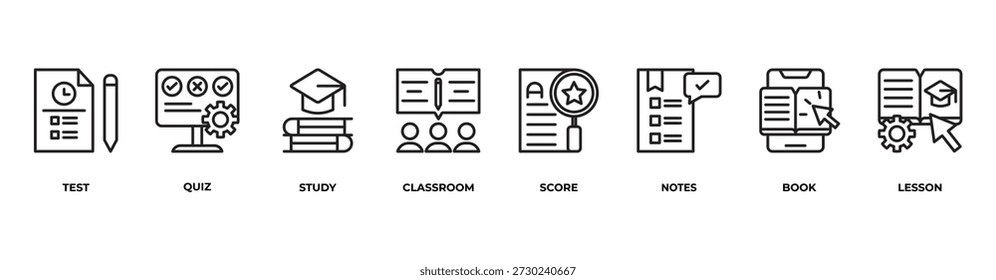 Lernen Reise Icons setzen Vektorgrafik Umriss mit Test, Quiz, Studie, Klassenzimmer, Partitur, Notizen, Buch, Lektion