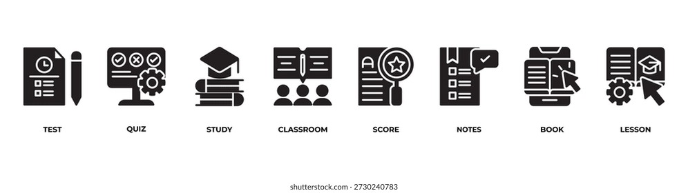 Lernen Reise Icons setzen Vektorgrafik Glyphe mit Test, Quiz, Studie, Klassenzimmer, Punktzahl, Notizen, Buch, Lektion