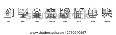 Learning Journey Icons set vector illustration outline with Test, Quiz, Study, Classroom, Score, Notes, Book, Lesson