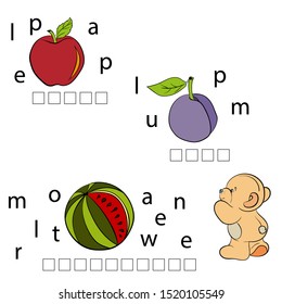 Learning kids. Learn to write and read. Workbook. Puzzles for kids. Tasks for children. Add words from letters. Apple, plum, watermelon. Little animals cartoons characters. Vector illustration.