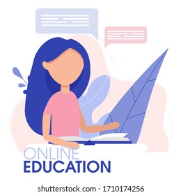 Learning kids with teacher. Student in learning process. studying online using internet flat vector illustration. Online education concept.