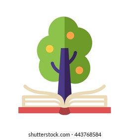 Learning and Knowledge single isolated modern vector flat design icon with open book and tree on it