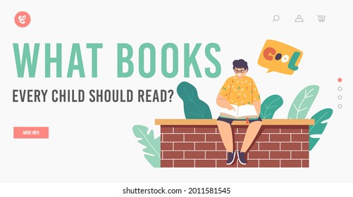 Learning Landing Page Template. Little Boy Reading Book Sit on Brick Wall, Kid Character Studying,School Child Education, Smart Schoolboy Child Engage Knowledge Concept. Cartoon Vector Illustration
