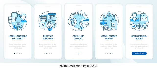 Learning language advices onboarding mobile app page screen with concepts. Language in context, subtitles walkthrough 5 steps graphic instructions. UI vector template with RGB color illustrations
