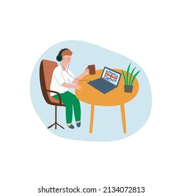 Learning language concept. Easy learn English language with on line courses. Comfortable and safety online education. Man drinking tea while listening english lesson. Vector illustration.