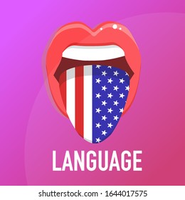 Concepto de idioma de aprendizaje. Aprendiendo inglés. Lengua en boca abierta con bandera. Diseño plano. Vector