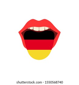 Learning language concept. Learning German language. Tongue in open mouth with flag. Flat design