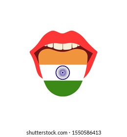 Learning language concept. Learning Indian language. Tongue in open mouth with flag. Flat design
