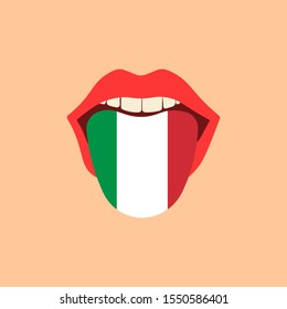 Learning language concept. Learning Italian language. Tongue in open mouth with flag. Flat design