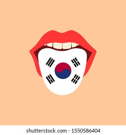 Learning language concept. Learning Korean language. Tongue in open mouth with flag. Flat design