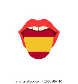 Learning language concept. Learning Spanish language. Tongue in open mouth with flag. Flat design
