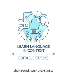 Learning language in context concept icon. Linguistic context idea thin line illustration. Avoiding using dictionary. Meaningfulness. Vector isolated outline RGB color drawing. Editable stroke