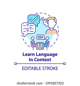 Learning language in context concept icon. Linguistic context idea thin line illustration. Background knowledge. Meaningfulness importance. Vector isolated outline RGB color drawing. Editable stroke