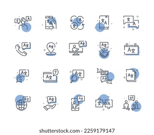Learning language icons color set. Collection of graphic elements for website. English international language lecture, education. Cartoon flat vector illustrations isolated on white background