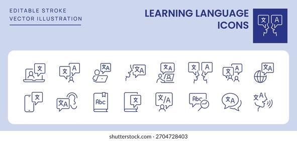 Iconos de aprendizaje de idiomas. Trazo Editable. Conjunto de iconos de línea delgada símbolo de colección.