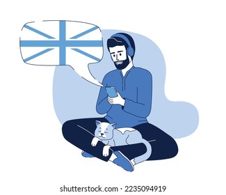 Learning language online 2D vector isolated linear illustration. Student with cat thin line flat character on cartoon background. Colorful editable scene for mobile, website, presentation