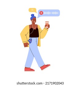 Aprender el idioma en línea y la aplicación para la comunicación con hablantes nativos, ilustración vectorial plana aislada en el fondo blanco. Mujer que pasa capacitación en línea.