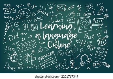 Learning a language Online English concept vector illustration. Doodle of foreign language education course for home online training study. Background design with english word art illustration