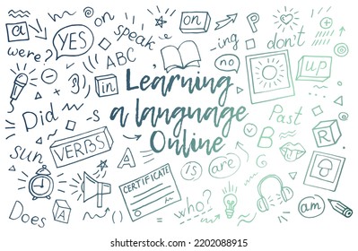 Learning a language Online English concept vector illustration. Doodle of foreign language education course for home online training study. Background design with english word art illustration
