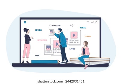 Learning language online. Man and women near laptop. International communication and interaction. Education and training. Doodle flat vector illustration isolated on white background