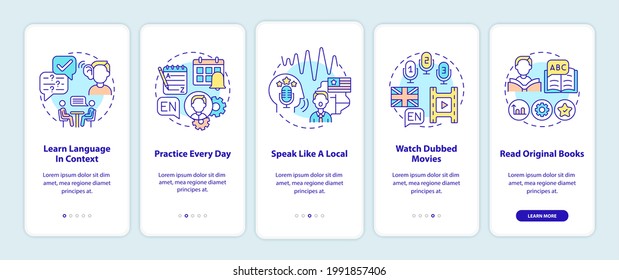 Learning language tips onboarding mobile app page screen with concepts. Language in context, dubbed movies walkthrough 5 steps graphic instructions. UI vector template with RGB color illustrations